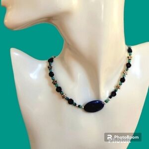 HANDMADE Lapis Stone Focal Czech Glass Metal Floral Beaded Princess Necklace